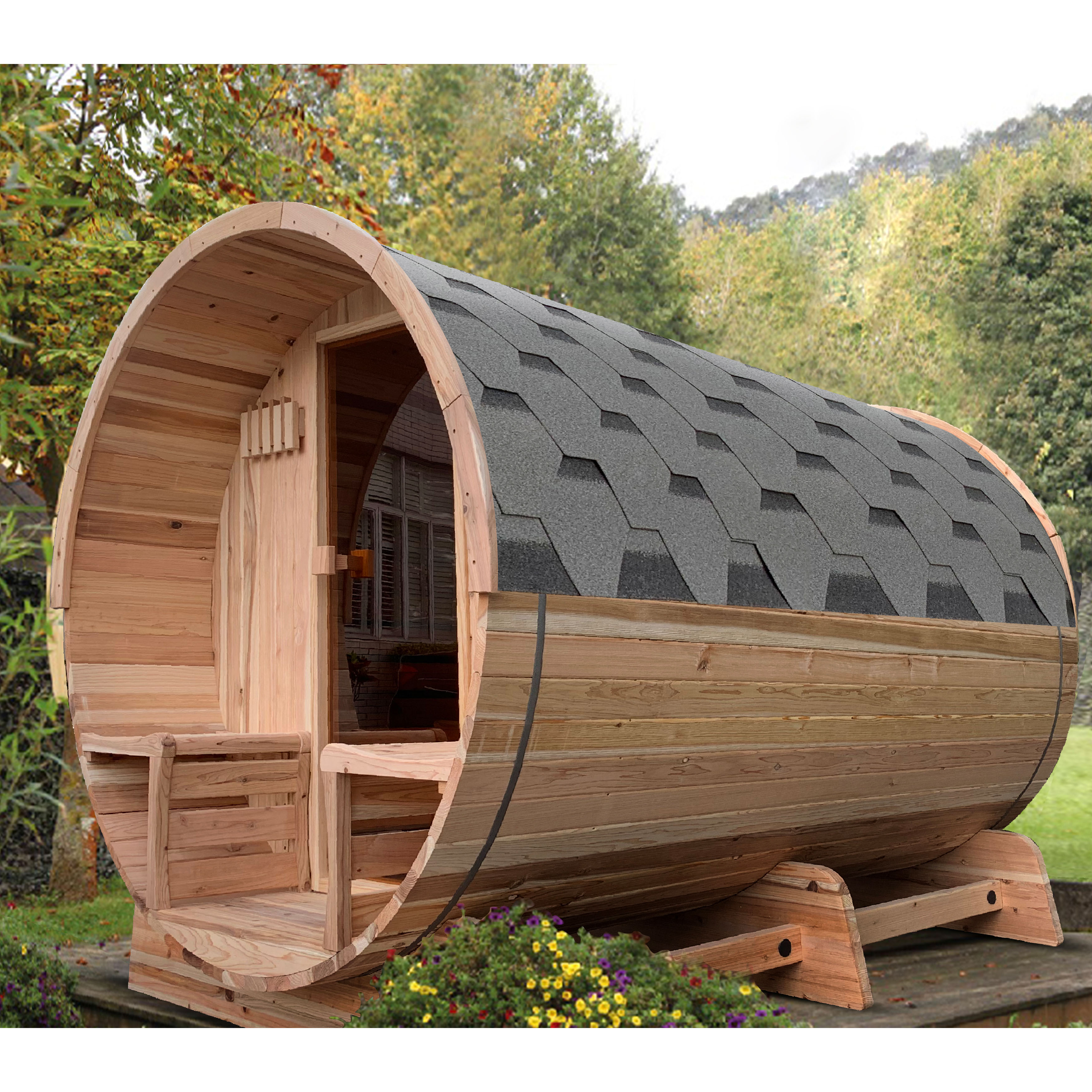 ALEKO Outdoor Rustic Cedar Barrel 4 Person Sauna with Panoramic View